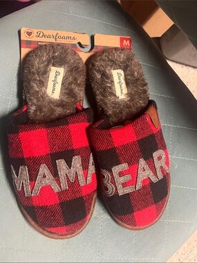dearfoams Red and Black Buffalo Plaid Kids 'MAMA BEAR' Slippers